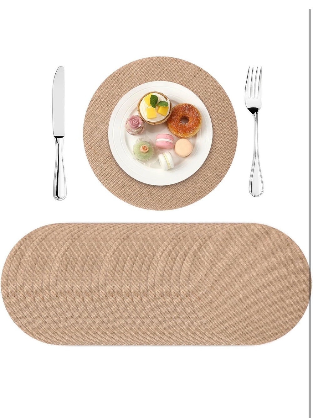 Round Burlap-Style Place Mats Set - Natural Tan